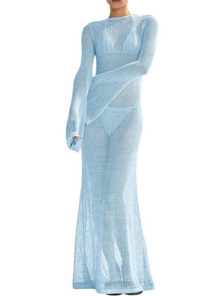 Chic Women's Crochet Cover-Up | Long Sleeve Mesh Backless Maxi Dress For Beach
